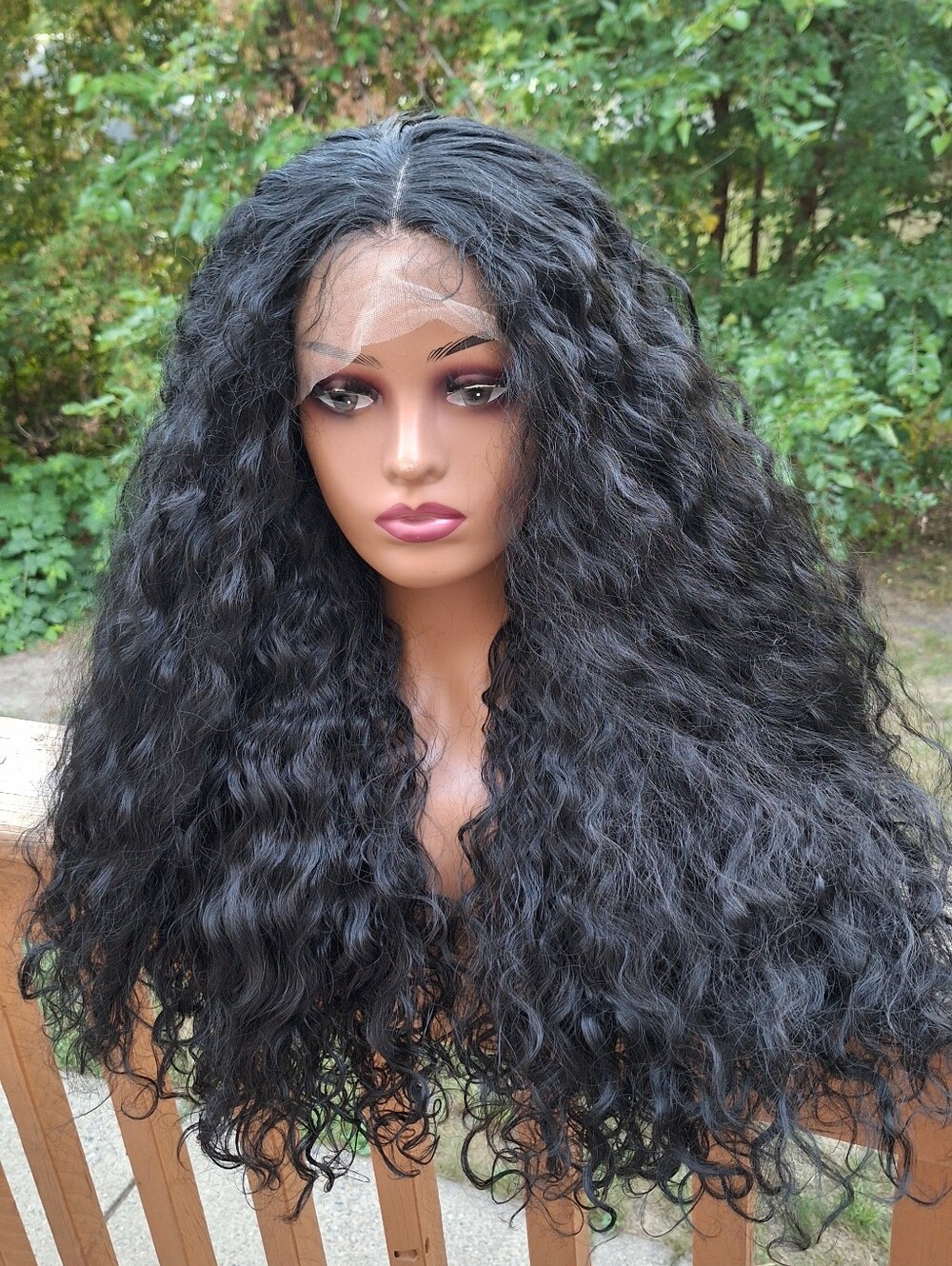 Natural Deep Wave Lace Front Wig - Black. Human Hair Blend Wig